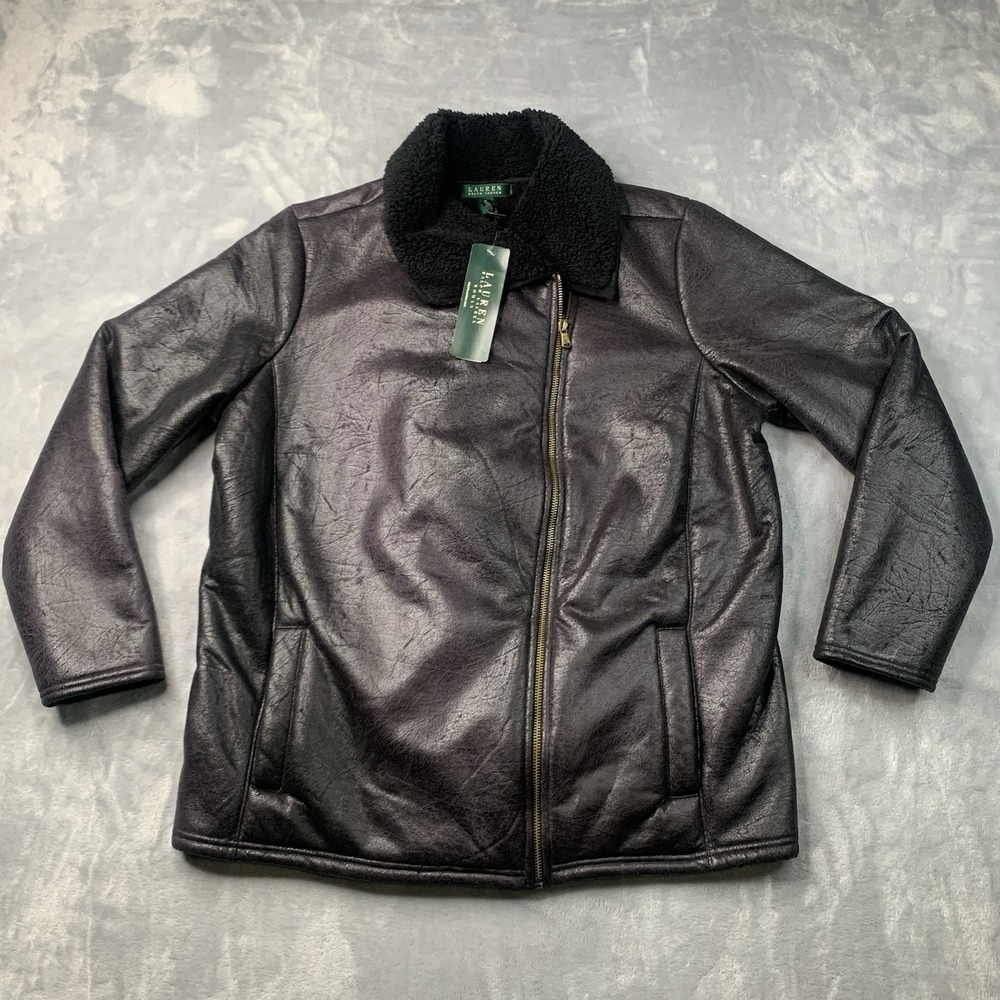 Ralph Lauren Jacket Women's 1X Black Faux‎ Leather Sherpa Lined Moto Biker Coat